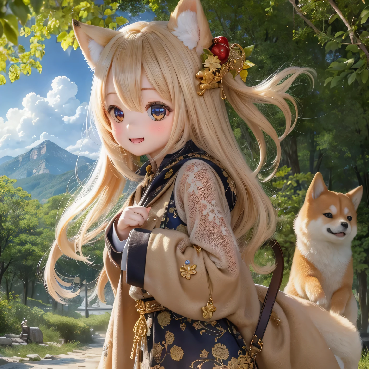 beautiful detailed eyes, long eyelashes, cute button nose, rosy lips, a girl playing with a Shiba Inu dog in a picturesque countryside scenery, warm sunlight casting golden hues on, a winding path leading up the tall mountains, lush trees standing tall, a serene atmosphere, the girl wearing a flowy dress and a wide-brimmed , smiling and showing pure joy in her eyes, the Shiba Inu wagging its tail and looking up at her with excitement, creating a heartwarming bond, a sense of adventure and exploration in the air, the mountains showcasing their majestic beauty, their peaks touching the clouds, the sound of birds chirping and leaves rustling in the gentle breeze, capturing a perfect moment in time, (best quality, HDR, ultra-detailed, photorealistic)