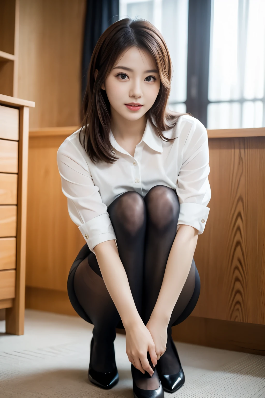 ulzzang-6500-v1.1, (Raw photo:1.2), (Photoreal),(genuine: 1.4), (pieces fly), highest quality, shape, Super detailed, finely, High resolution, 8k wallpaper, 完璧なダイナミックな構shape, beautiful and detailed eyes, There is a woman crouching in the room.., (super realistic pantyhose:1.3), beast, Japanese , seifuku, Chiho, sakimichan, cute , Yoshitomo Nara, various poses, Japanese girl uniform, wearing Japanese , reluvy5213, Wearing the principal'uniform of