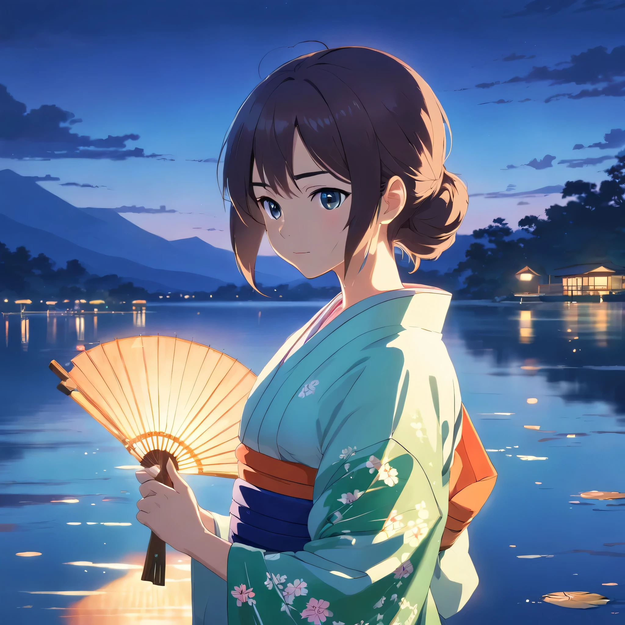 1 girl lake evening kimono