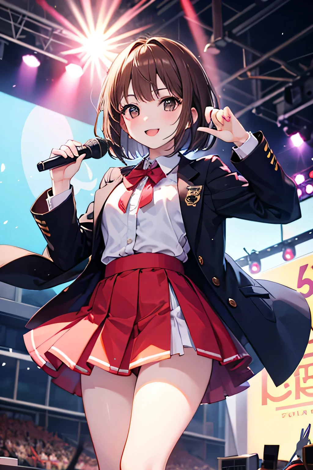 one woman,Idol,Live venue,Tokyo Dome,gondola,Uniform-style costumes,have a microphone,brown hair bob,thin thighs,small breasts,delicate,slender,Absolute area,AKB48,Nogizaka46,sense of clarity,Lots of fans,Penlight,A big smile,