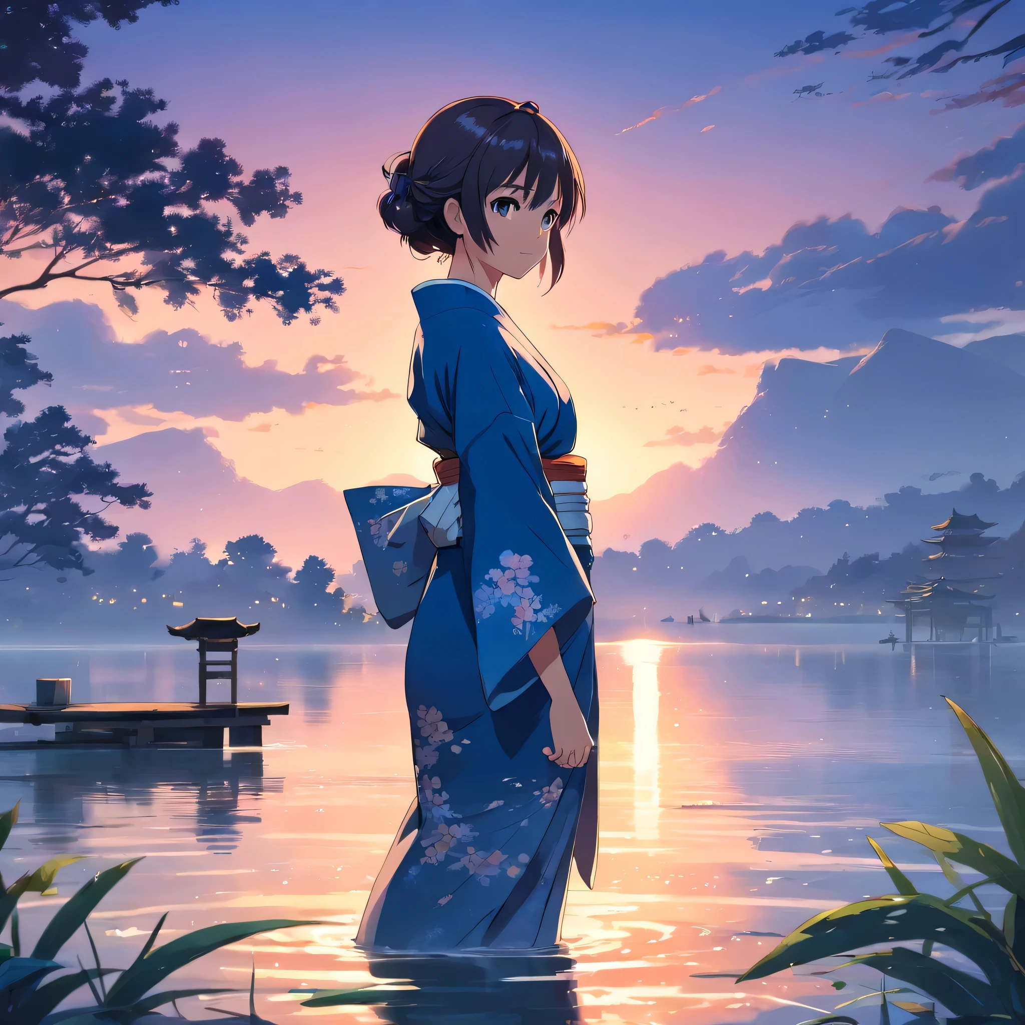 1 girl lake evening kimono