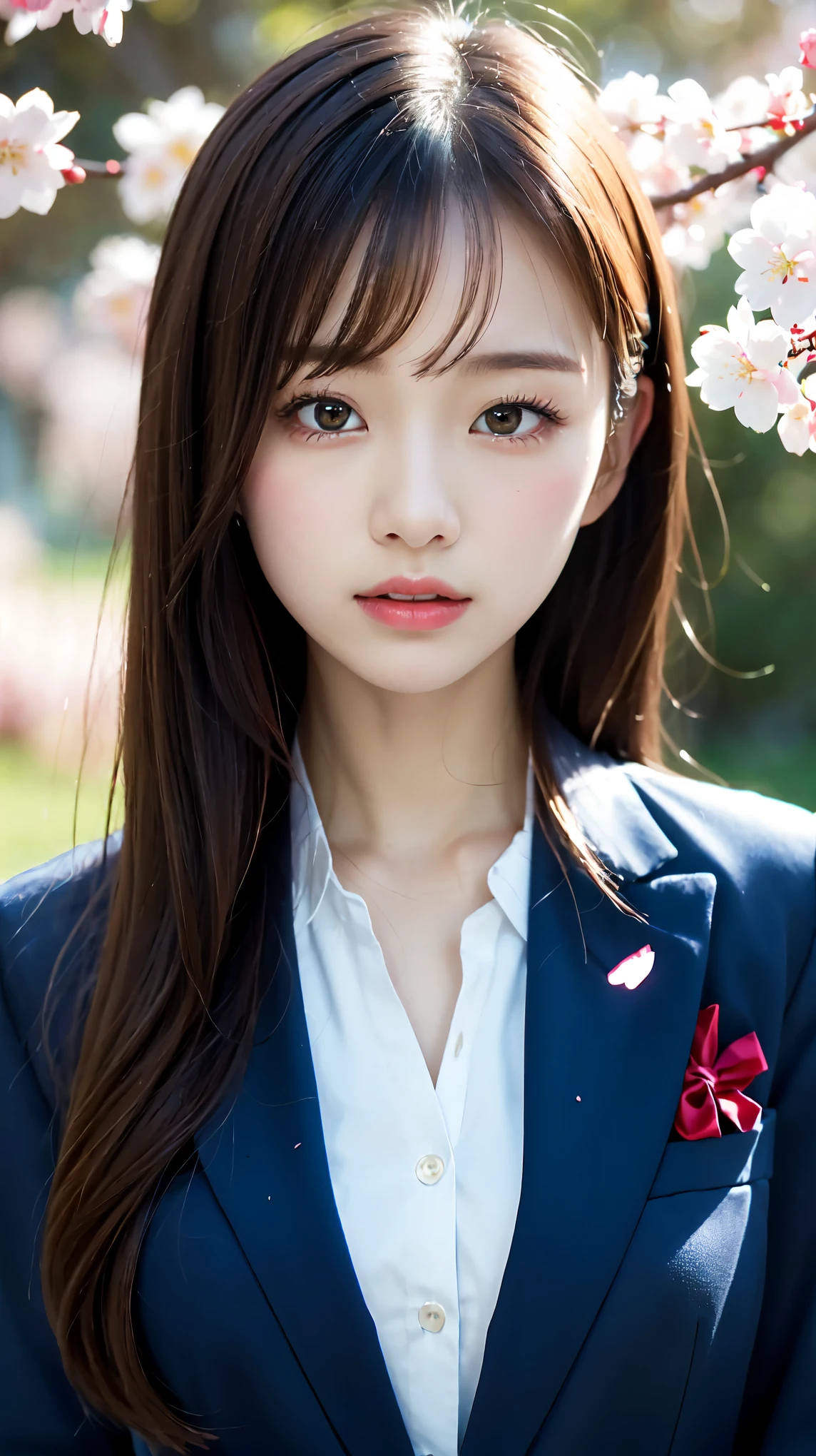 graduation ceremony、high school girl、uniform 、navy blue blazer、Cherry tree in full bloom、Cherry blossom confetti、perfect proportions、cute、((18 year old female:1.2))、young adorable japanese face,official art,Highly detailed CG Unity 8K wallpaper,(masterpiece:1.0),(highest quality:1.0), 超A high resolution,4k,Super detailed, photo shoot, 8K, nffsw, High resolution, kodak portrait 400, film grain, lens flare glow,高いest quality,8K,nffsw:1.2),portrait shot,8K、View viewer