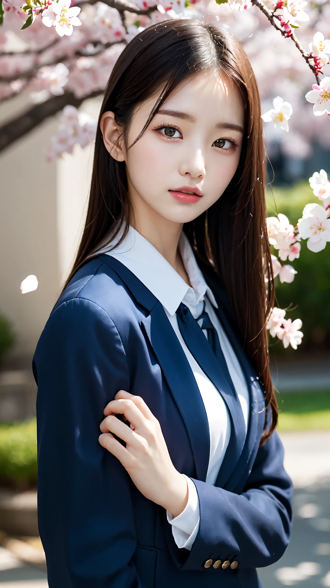 graduation ceremony、high school girl、uniform 、navy blue blazer、Cherry tree in full bloom、Cherry blossom confetti、perfect proportions、cute、((18 year old female:1.2))、young adorable japanese face，official art，Highly detailed CG Unity 8K wallpaper，（masterpiece:1.0),(highest quality:1.0), 超A high resolution,4k,Super detailed, photo shoot, 8K, nffsw, High resolution, kodak portrait 400, film grain, lens flare glow,高いest quality,8K,nffsw:1.2),portrait shot,8K、View viewer