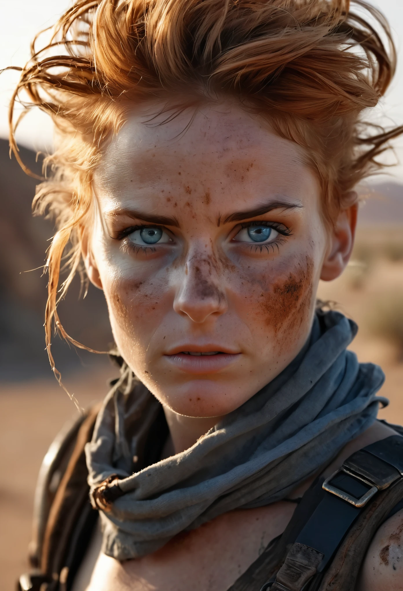 photorealistic, (Masterpiece photo), full body shot, a desert post apocalyptic landscape at sunset, (in the style of desert rangers from "Wasteland"), a cute woman with ginger short disheveled hair, post apocalyptic nomadic clothes, natural skin texture, blue-grey eyes, some freckles on face, skinny runners body, detailed face, and eyes, ultra realistic face, looking tired, tattered fabric, unconventional accessories, action movie picture, in dinamic, dark arts, 16K, ultra high res, analog photo style, depth of field, UHD, RAW, DSLR