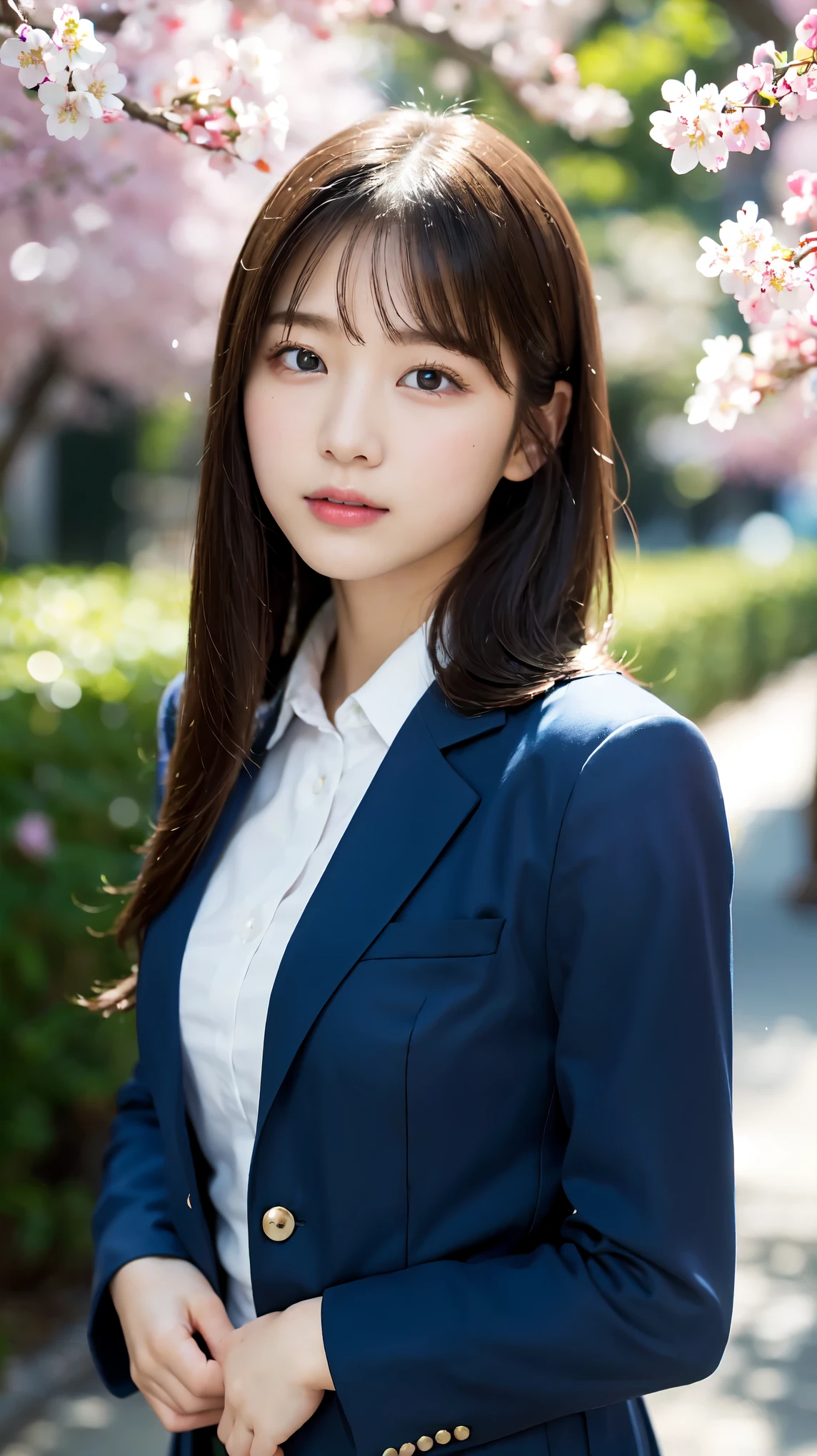 graduation ceremony、high school girl、uniform 、navy blue blazer、Cherry tree in full bloom、Cherry blossom confetti、perfect proportions、cute、((18 year old female:1.2))、young adorable japanese face,official art,Highly detailed CG Unity 8K wallpaper,(masterpiece:1.0),(highest quality:1.0), 超A high resolution,4k,Super detailed, photo shoot, 8K, nffsw, High resolution, kodak portrait 400, film grain, lens flare glow,高いest quality,8K,nffsw:1.2),portrait shot,8K、View viewer