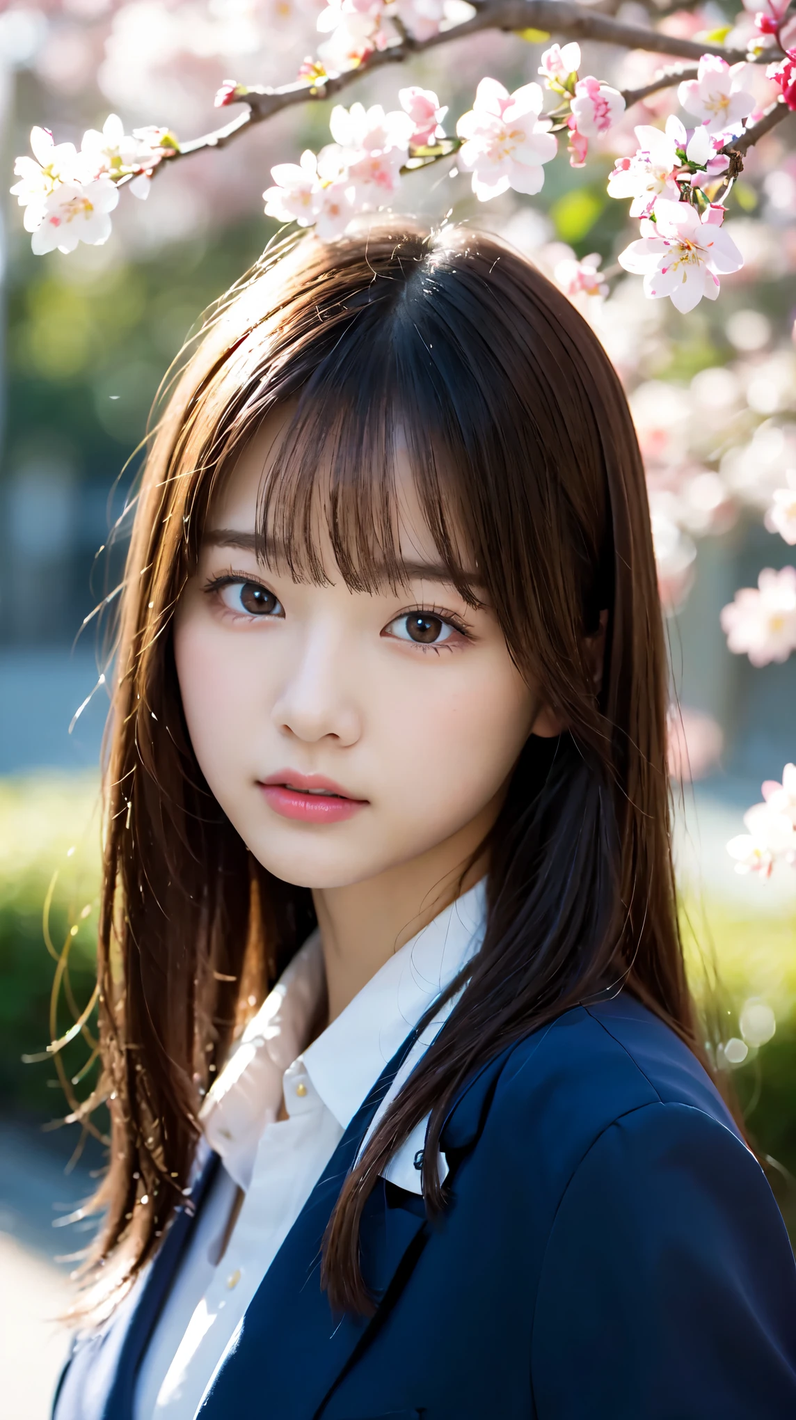 graduation ceremony、high school girl、uniform 、navy blue blazer、Cherry tree in full bloom、Cherry blossom confetti、perfect proportions、cute、((18 year old female:1.2))、young adorable japanese face,official art,Highly detailed CG Unity 8K wallpaper,(masterpiece:1.0),(highest quality:1.0), 超A high resolution,4k,Super detailed, photo shoot, 8K, nffsw, High resolution, kodak portrait 400, film grain, lens flare glow,高いest quality,8K,nffsw:1.2),portrait shot,8K、View viewer