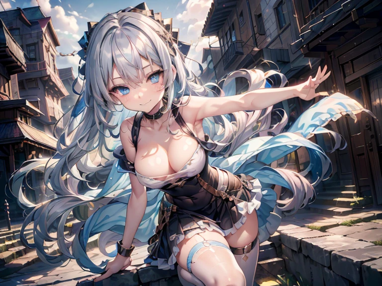 #quality(8k wallpaper of extremely detailed CG unit, masterpiece, hight resolution, top-quality, top-quality real texture skin,hyper realisitic, digitial painting,increase the resolution,RAW photosbest qualtiy,highly detailed,the wallpaper),BREAK,((solo))#1 girl(cute, kawaii,hair color silver,blue meshed hair,skin color white,eye color blue,eyes shining,big eyes,big breast:2.0,smirk,short skirt,tank top,full body),BREAK,#background(noisy town,),(when drawing the hand draw them very correctly for sure please:1.4)