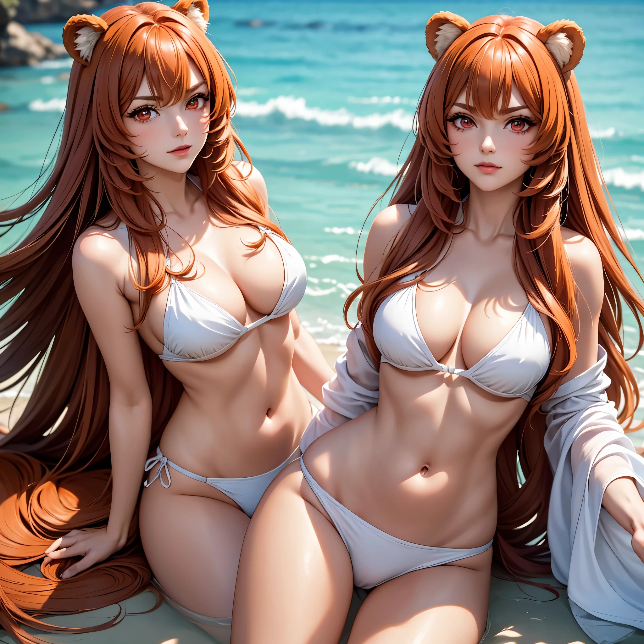 Raphtalia. beautiful woman 55 years old bear ears, cabello naranja . red eyes like rubies. rostro serio .cejas cortas. Small eyebrows,  pechos grandes. rostro serio. orejas de oso. cejas cortas. white bikini blanco. fondo playa solitaria
