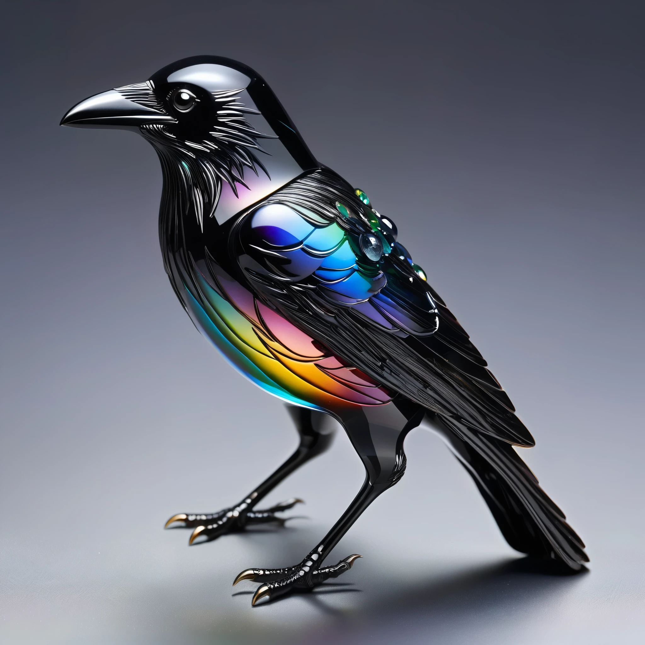 best quality, super fine, 16k, incredibly absurdres, extremely detailed, delicate, flashy and dynamic depiction, crow made of black translucent fine brilliant-cut gemstones that reflect iridescent rainbow light when illuminated, background simple color