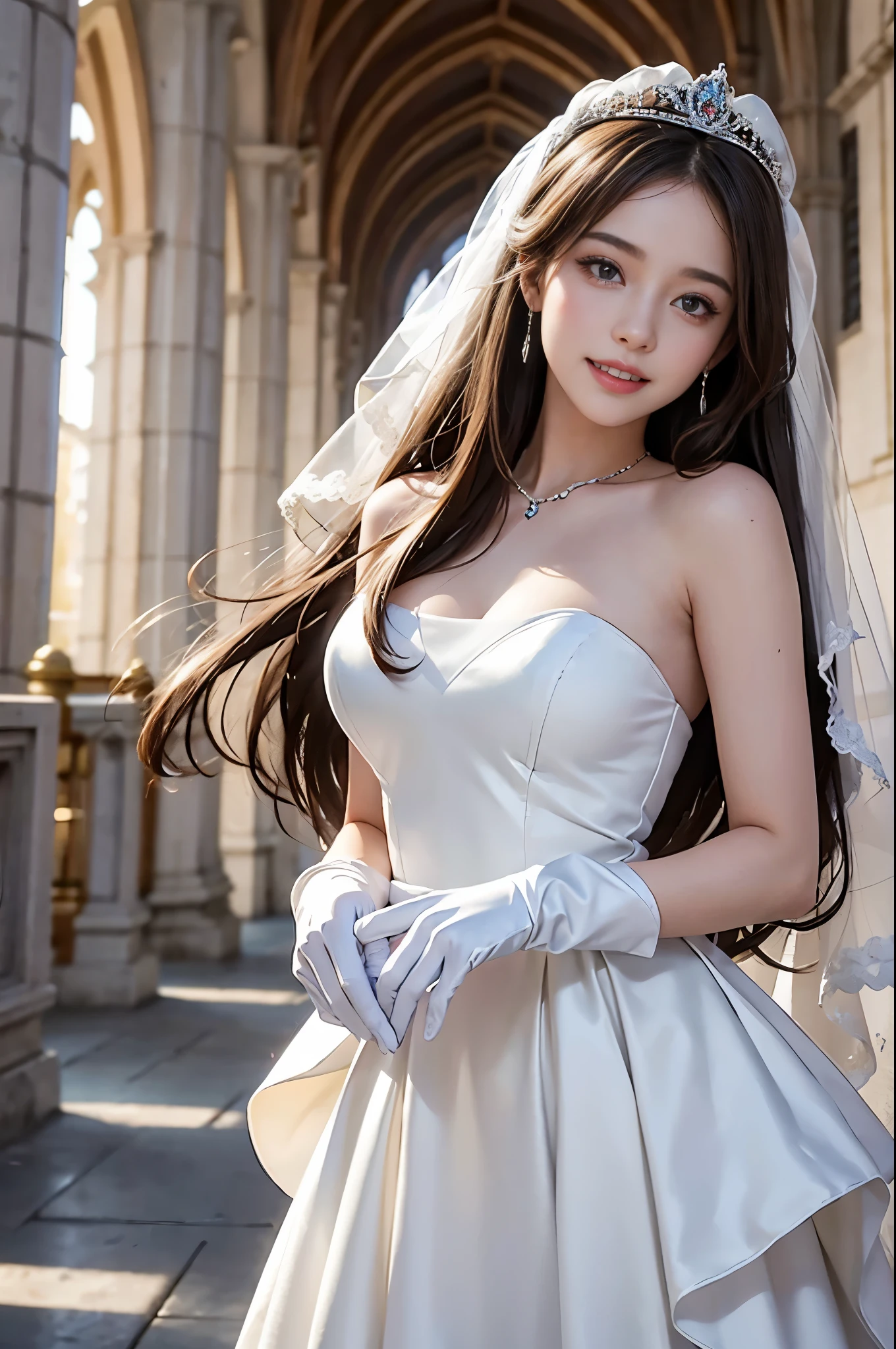 best quality, masterpiece, 1 girl, huge laugh, cute teen, shiny lips, sweet, sun glare, Conservative attire, white gloves, wedding dress, bridal tiara, depth of field, blurred background, Cathedral Background, light particles, strong wind, head tilt