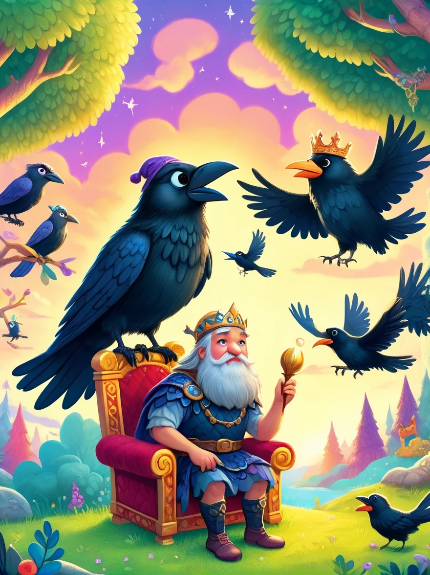  textbook illustrations, Fairy tale scenes, norse mythology, (Odin), King of the Gods, (sit on the throne), Two crows perched on either side of him, Raven Focus, Whimsical scenes, rich and colorful, children illustration, bright colors, interesting details, Children's stories, Quiet environment, strange trees, bright sky, magic, Fun elements, 8K, ultra high definition, anatomically correct, high detail, masterpiece, precise