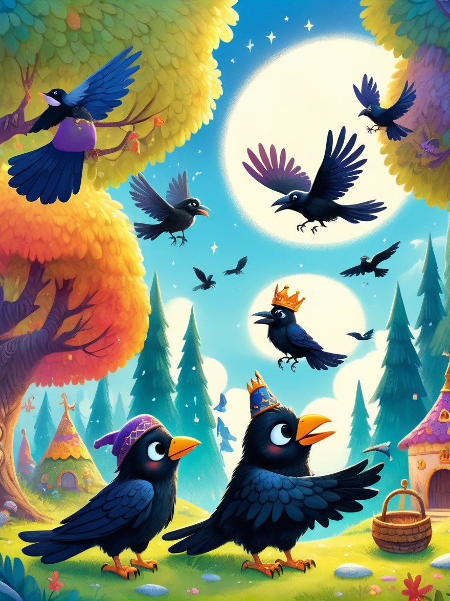  textbook illustrations, Fairy tale scenes, norse mythology, (Odin), King of the Gods, (sit on the throne), Two crows perched on either side of him, Raven Focus, Whimsical scenes, rich and colorful, children illustration, bright colors, interesting details, Children's stories, Quiet environment, strange trees, bright sky, magic, Fun elements, 8K, ultra high definition, anatomically correct, high detail, masterpiece, precise