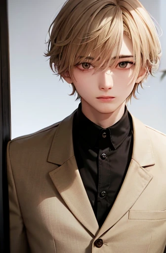 Male, 20 years old, cream colored hair, suit, one side of hair over ear, mole below left eye, looking towards you.