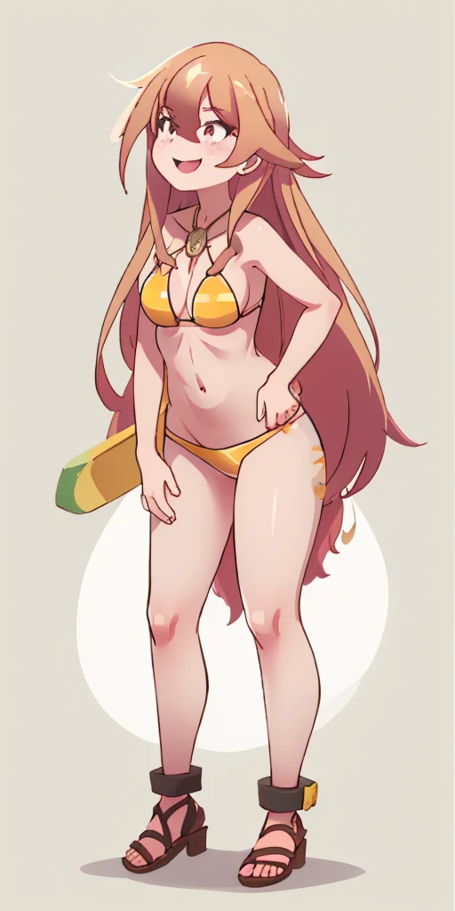 full body Hulemy  tigre amarillo, tacones altos, manos en la cintura. Tatuaje rojo en el ombligo., MILF de cuerpo completo BIMBO, cara de sonrisa lujuriosa (rubor rojo), hombros de metal, brazales dorados sin mangas, gargantilla negra