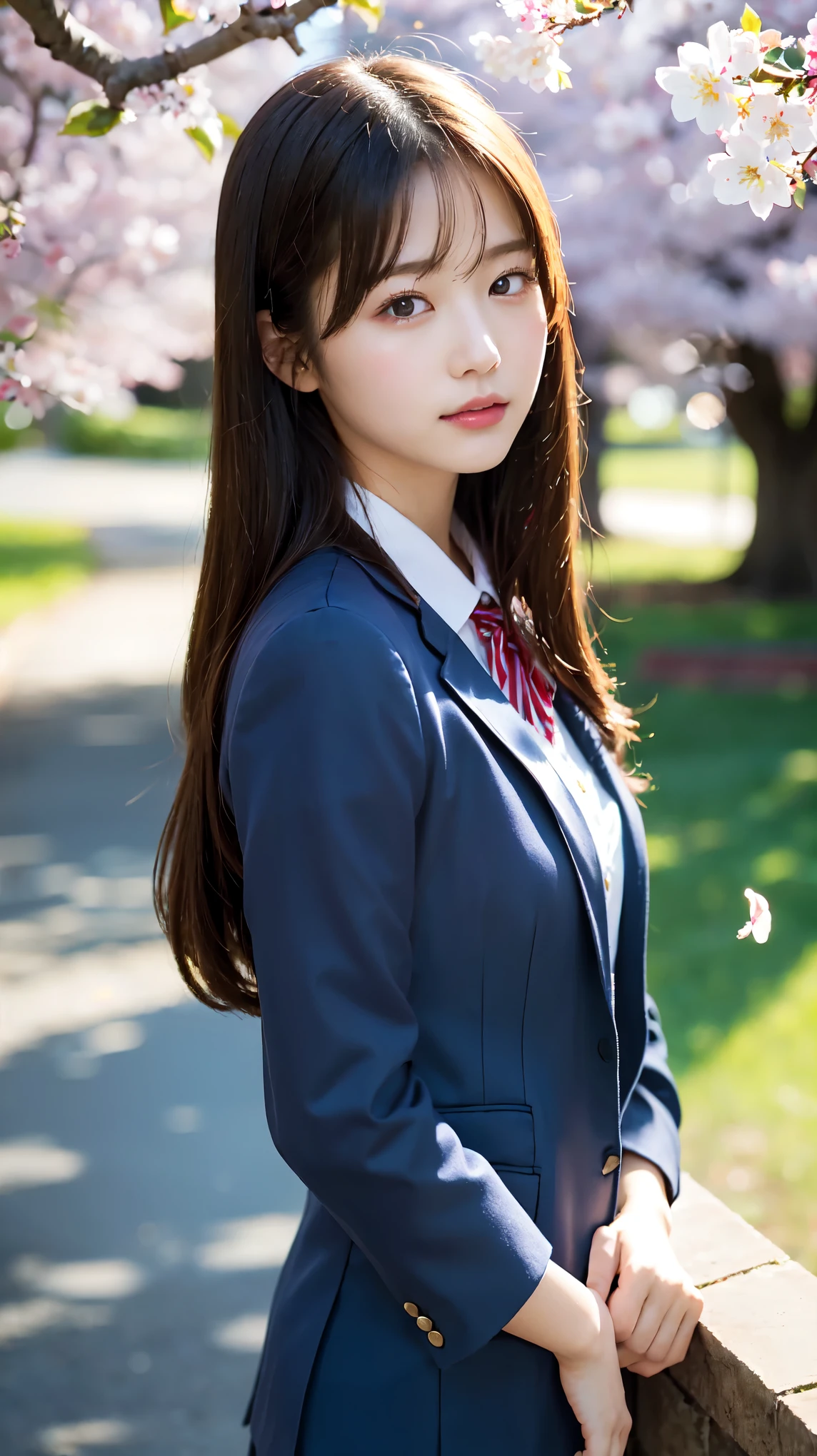 graduation ceremony、high school girl、uniform 、navy blue blazer、Cherry tree in full bloom、Cherry blossom confetti、perfect proportions、cute、((18 year old female:1.ung adorable japanese face,official art,Highly detailed CG Unity 8K wallpaper,(masterpiece:1.0),(highest quality:1.0), 超A high resolution,4k,Super detailed, photo shoot, 8K, nffsw, High resolution, kodak portrait 400, film grain, lens flare glow,高いest quality,8K,nffsw:1.2),portrait shot,8K、View viewer