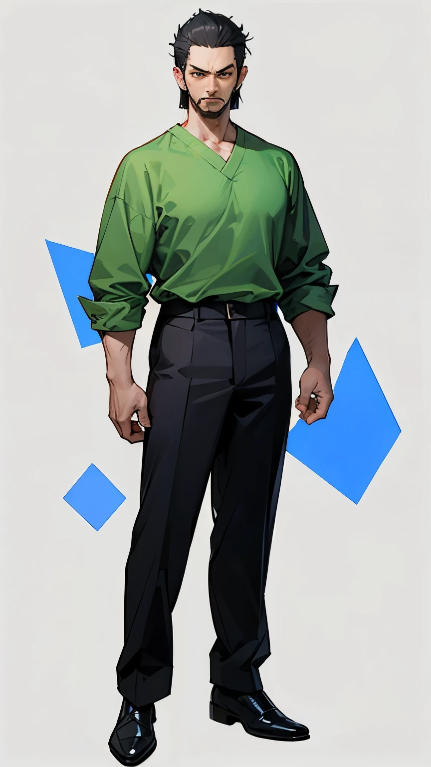 Plain white background、Yakuza in a V-neck shirt、green shirt、black pants、Short hair middle-aged、The whole body is shown、standing position、looking at the camera、