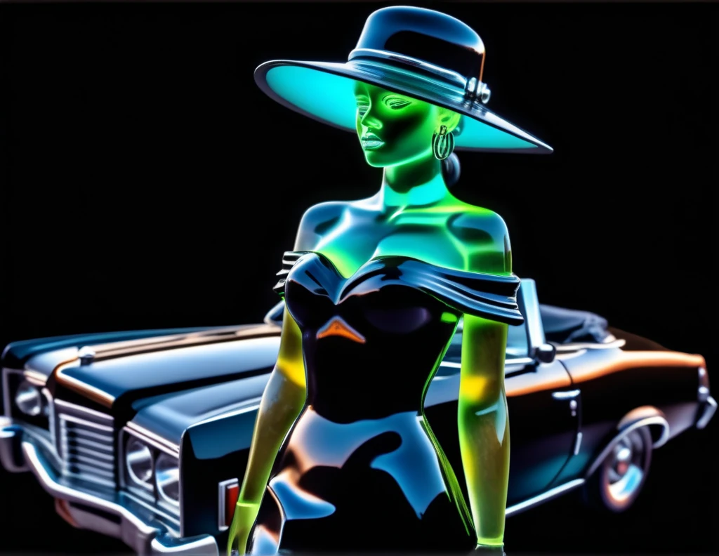 Neon sign (("Deviant Artist")) (text "LOVE") instead of the registration number on the convertible, driving a gorgeous model in an off-the-shoulder dress and a hat, hyper detailed, , sharp focus, intricate details, highly detailed, close-up, neon ambiance, abstract black oil, gear mecha, detailed acrylic, grunge, intricate complexity, rendered in unreal engine, photorealistic, with the caliber of 8k artistic photography. High Resolution, High Quality, Masterpiece.