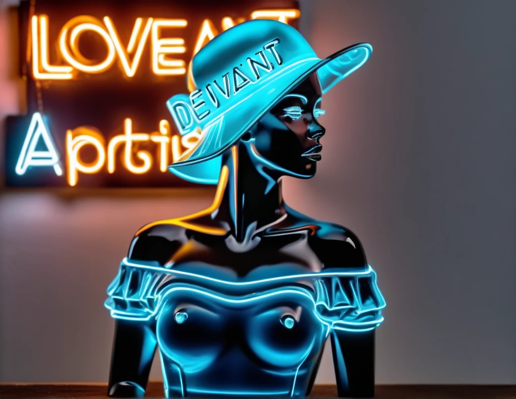 Neon sign (("Deviant Artist")) (text "LOVE") instead of the registration number on the convertible, driving a gorgeous model in an off-the-shoulder dress and a hat, hyper detailed, , sharp focus, intricate details, highly detailed, close-up, neon ambiance, abstract black oil, gear mecha, detailed acrylic, grunge, intricate complexity, rendered in unreal engine, photorealistic, with the caliber of 8k artistic photography. High Resolution, High Quality, Masterpiece.