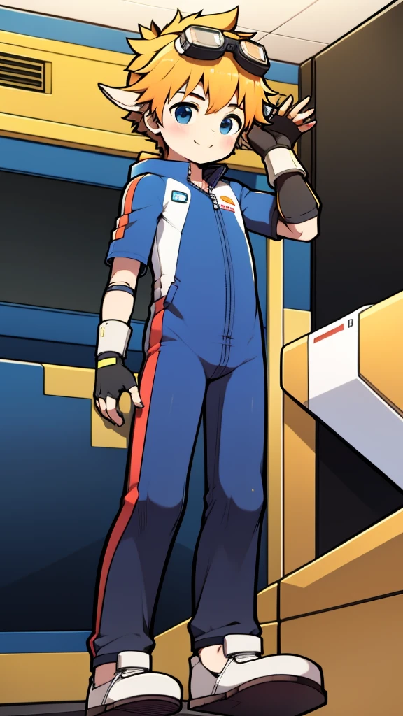((A young boy)),(Youthful feeling),one piece mountaineering suit,There are horns on the head,slender figure,Healthy limbs,goggles,fingerless gloves,cotton socks,short sleeves,stand up,Smile