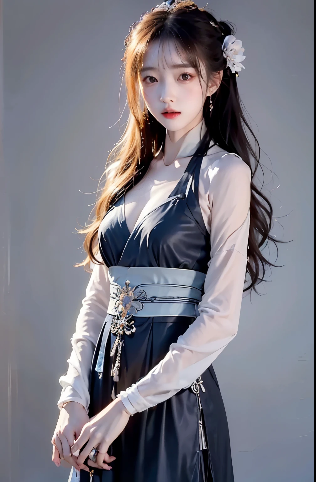 （surreal,）4K,35mm,cinematography，Ultra high detail, professional lighting, best quality, ultra high resolution, visually stunning, (1 girl:1.3), (dark blue色主题:1.2), light gray background, dark blue, wuxia,Chinese style,hanfu,Bright wind,Genuine Leather,