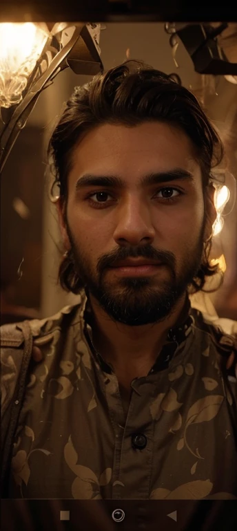 Male 23 years old pakistani Mediumbeard .beard style as same as in image facecuts and texture must be same as in image. clothes must be trendy like celebrities. image's body must be skinny like face shape . medium hair with trending style .backgroun must be blurry and alot of faded lights shows in there face texture must be same as in image.face must be as same as in image.