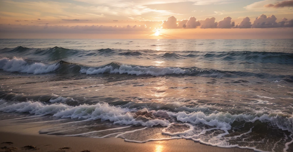 It generates a spectacular sunset on the beach, from the shore you can see the big waves, 8k UHD photography, v4 aperture, a dream photo, transmitting peace, harmony and the beauty of nature