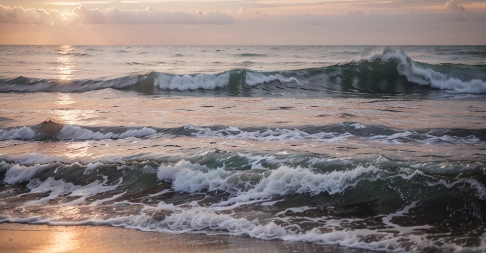 It generates a spectacular sunset on the beach, from the shore you can see the big waves, 8k UHD photography, v4 aperture, a dream photo, transmitting peace, harmony and the beauty of nature