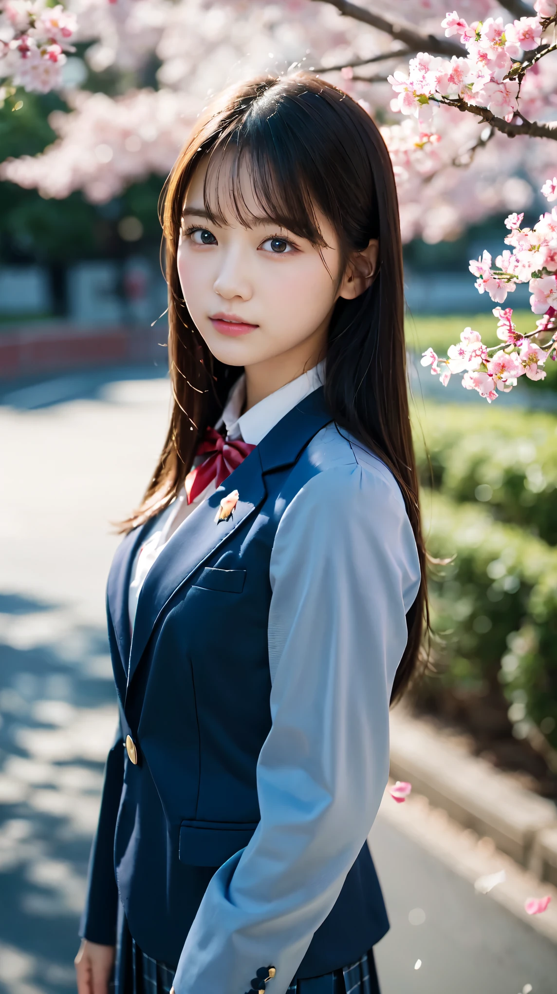 graduation ceremony、high school girl、uniform 、navy blue blazer、Cherry tree in full bloom、Cherry blossom confetti、perfect proportions、cute、((18 year old female:1.2))、young adorable japanese face，official art，Highly detailed CG Unity 8K wallpaper，（masterpiece:1.0),(highest quality:1.0), 超A high resolution,4k,Super detailed, photo shoot, 8K, nffsw, High resolution, kodak portrait 400, film grain, lens flare glow,高いest quality,8K,nffsw:1.2),portrait shot,8K、View viewer