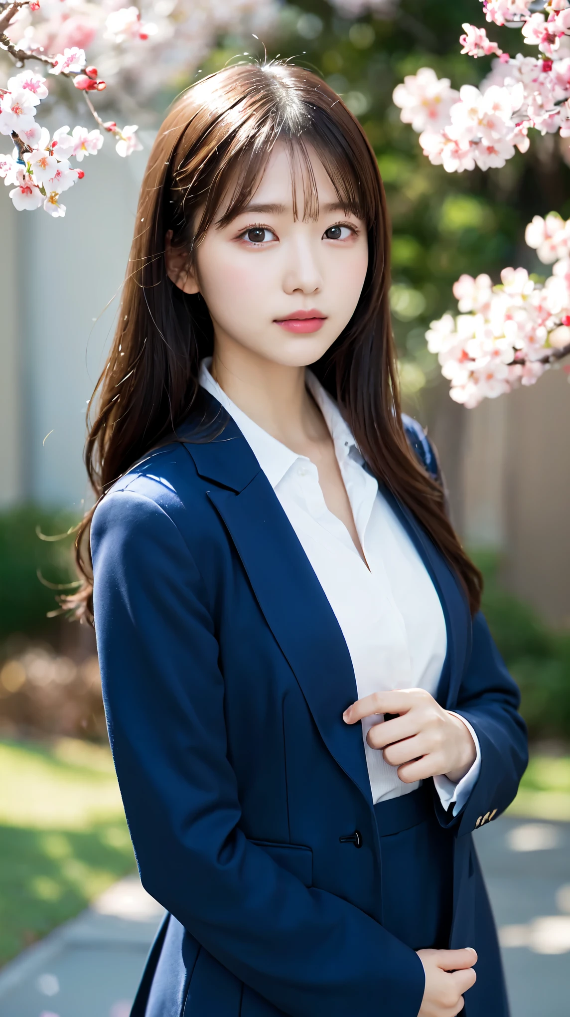 graduation ceremony、high school girl、uniform 、navy blue blazer、Cherry tree in full bloom、Cherry blossom confetti、perfect proportions、cute、((18 year old female:1.2))、young adorable japanese face,official art,Highly detailed CG Unity 8K wallpaper,(masterpiece:1.0),(highest quality:1.0), 超A high resolution,4k,Super detailed, photo shoot, 8K, nffsw, High resolution, kodak portrait 400, film grain, lens flare glow,高いest quality,8K,nffsw:1.2),portrait shot,8K、View viewer