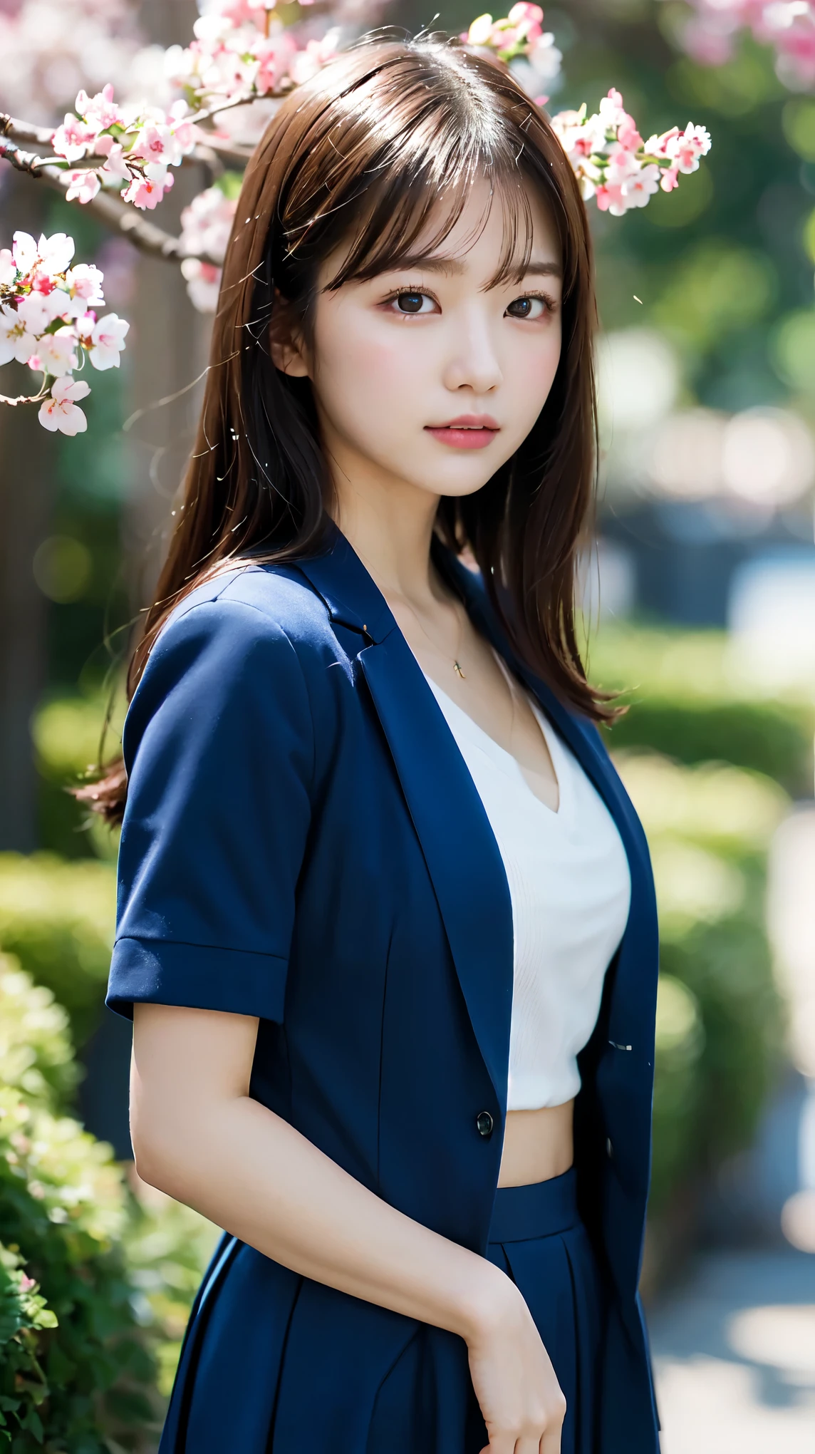 graduation ceremony、high school girl、uniform 、navy blue blazer、Cherry tree in full bloom、Cherry blossom confetti、perfect proportions、cute、((18 year old female:1.2))、young adorable japanese face，official art，Highly detailed CG Unity 8K wallpaper，（masterpiece:1.0),(highest quality:1.0), 超A high resolution,4k,Super detailed, photo shoot, 8K, nffsw, High resolution, kodak portrait 400, film grain, lens flare glow,高いest quality,8K,nffsw:1.2),portrait shot,8K、View viewer