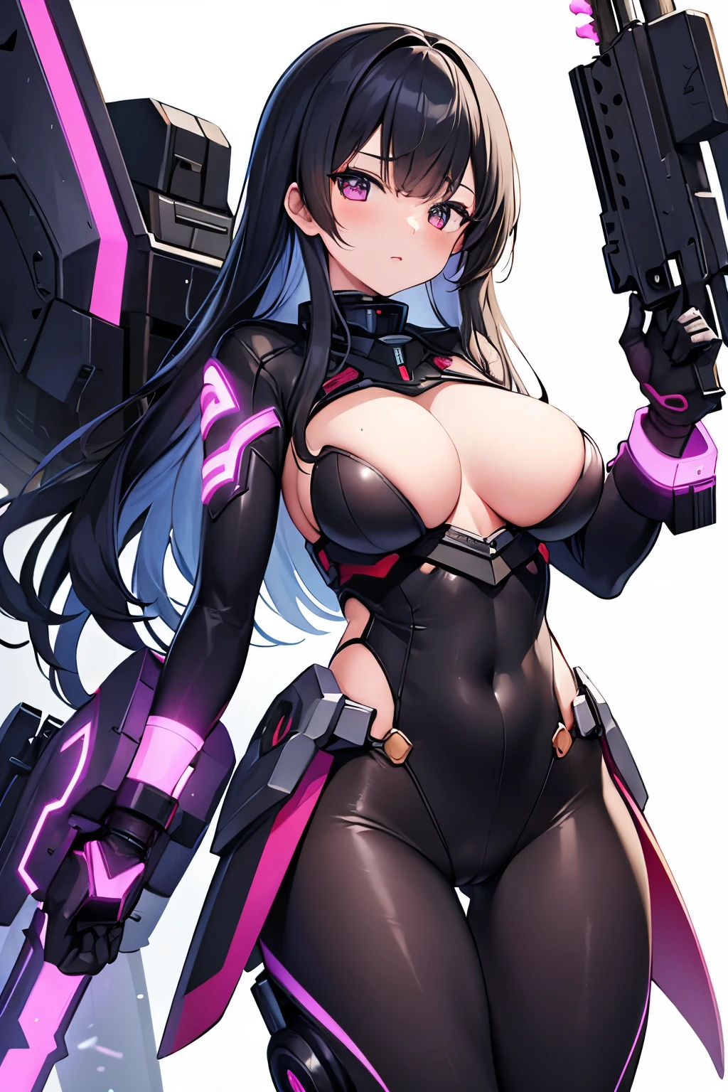 solo,1 girl,standing,whitebackground,kneeup,robot,mecha,science fiction,weapon,gun,paleskin,blackhair,blackcolors,purplecolors,edgy,spooky,emo,anime,style,waifu,background,holding,weapon,mechagirl,animegirl,gundamgirl,sexy,sexygirl,explicit,titsout,noclothes,ecchi,hentai,blackbodysuit,sexybodysuit,sexypose,azurlane,kantai collection,digitalart