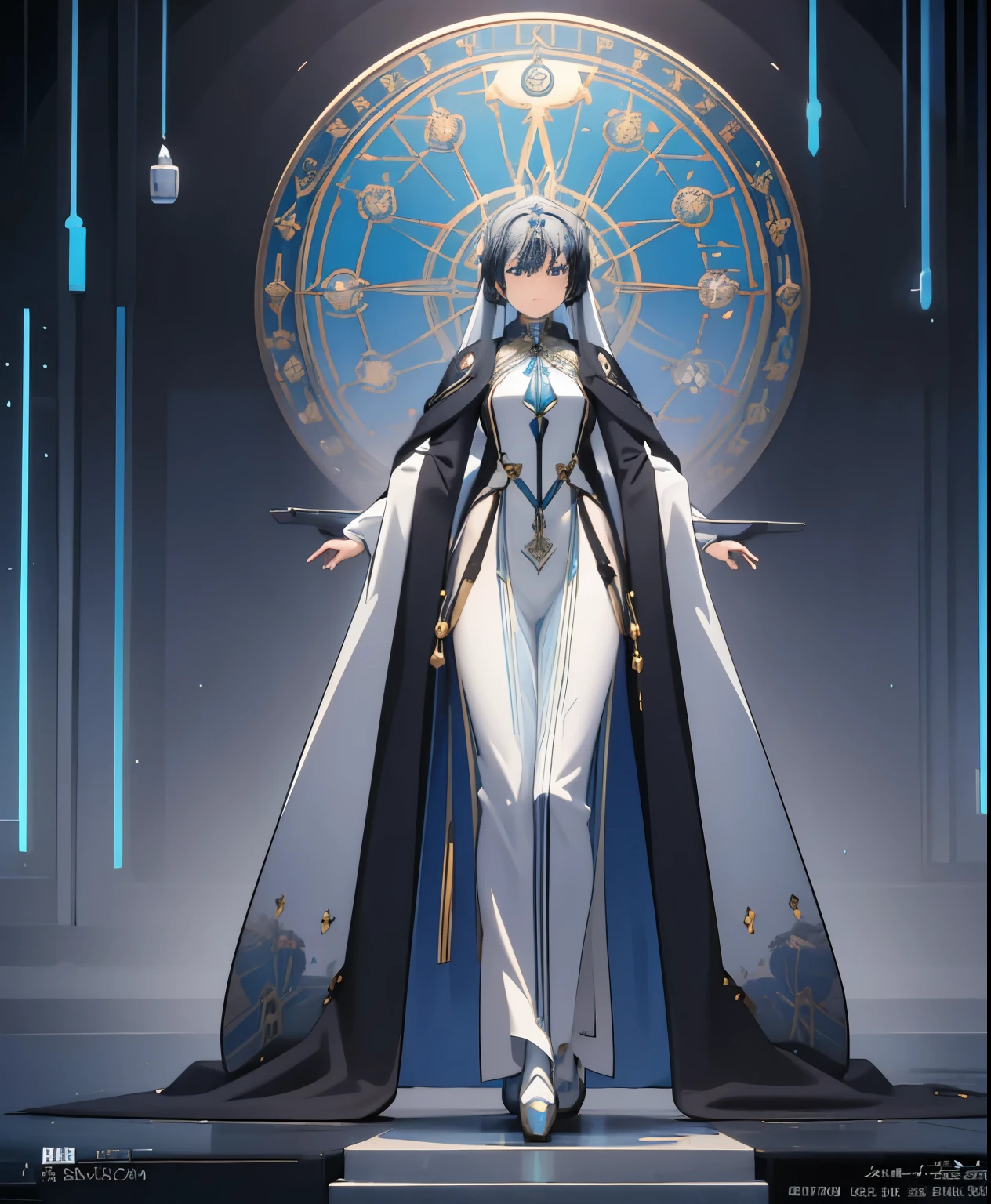 (masterpiece、最high quality、最high quality、official art、beautiful beautiful:1.2)、(1 girl:1.3)Hatsune Miku、twin tails,big breasts,((full body esbian))1 girl,stand position,full body esbian,I can see the whole body, alone,Telepathic Woman, Machine body, cyber punk, The body is mechanical or prosthetic, advanced technology, long silver hair, The aircraft is painted silver,cyber punk design, the eyes are bright blue, 繊細なcyber punkメイク, Advanced technology cane, Deep covering, (Impressionism: 1.4), (tarot: 1.3), Alphonse Mucha, full length, no background, eye reflection, high details, gothic art, Baroque Motion Blur, ray tracing, reflected light, multi view, perspective, ultra wide angle, table top, anatomically correct, Super detailed, high details, high quality, Wearing goggles,she keeps her mouth open,hair standing on end