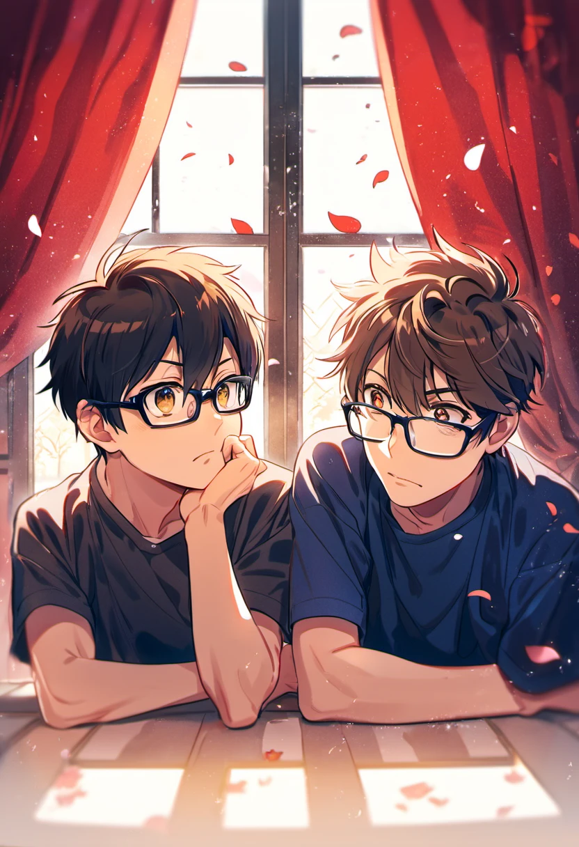 absurdres, highres, ultra detailed, HDR, master piece, best quality, Sawamura Eijun together with Miyuki Kazuya, 2men together, gay couple, handsome, brown hair, medium-length brown hair messy and windswept, glasses with black frames, expressive brown eyes, Diamond No Ace, window, red curtains, petals