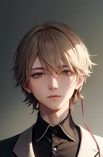Male, 20 years old, light warm cream colored hair, suit, one side of hair over ear, mole below left eye, looking towards you.