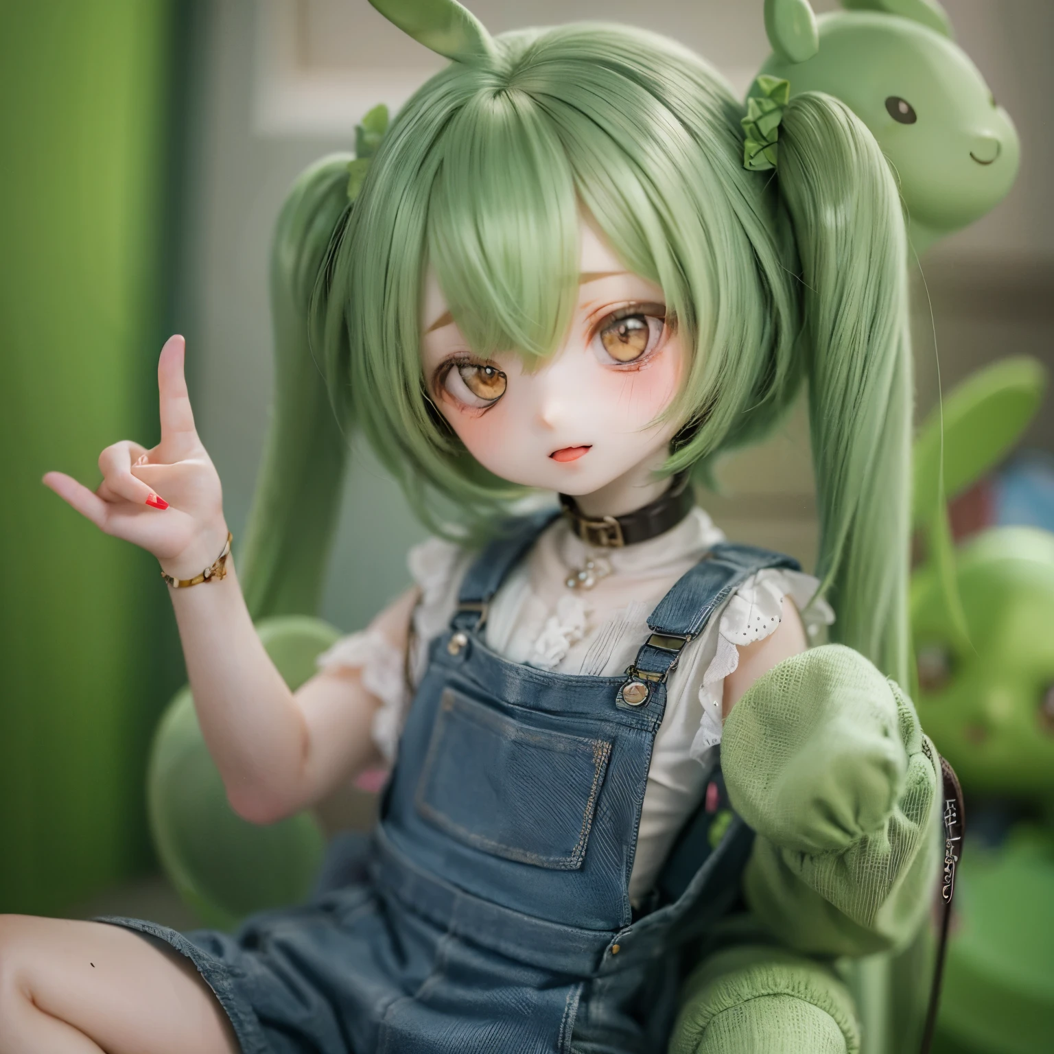A naked green-haired little zundamon with a cheeky face(((child)))White blouse、Cityscape
