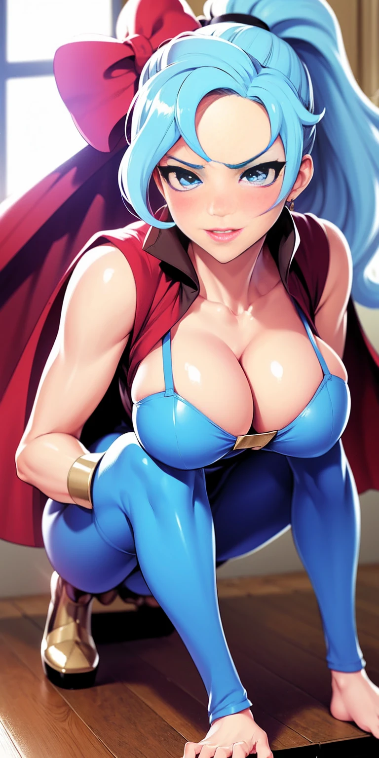 blush, smileglowing aura, natural light, masterpiece, glossy skin, juicy lips , sexy, hot, cleavage, evil,juicy lips, bimbo, ((Clair)), pokemon, hour glass, blue hair, wide eyes, blue eyes, massive , ponytail, dark lighting, long hair, pink bow, platform shoes, bow in hair, light blue hair, juicy lips, blue tights, blackcape, (((disgusted)))