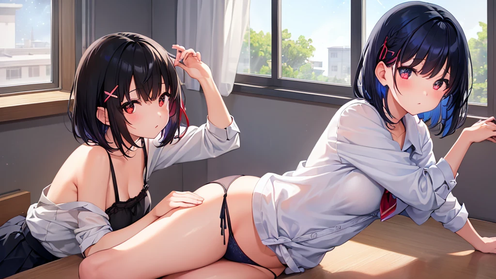((1 female))、NFSW、masterpiece、Highest image quality、ultra high resolution、Medium-sized elementary school girl、red and large eyes,、Black hair medium shorthair、The inside of the hair has blue coloring.、Two red hairpins、((Outside the window is a starry sky))、seductive pose、poses that invite sex、sensual pose、Elementary school girl&#39;s string panties