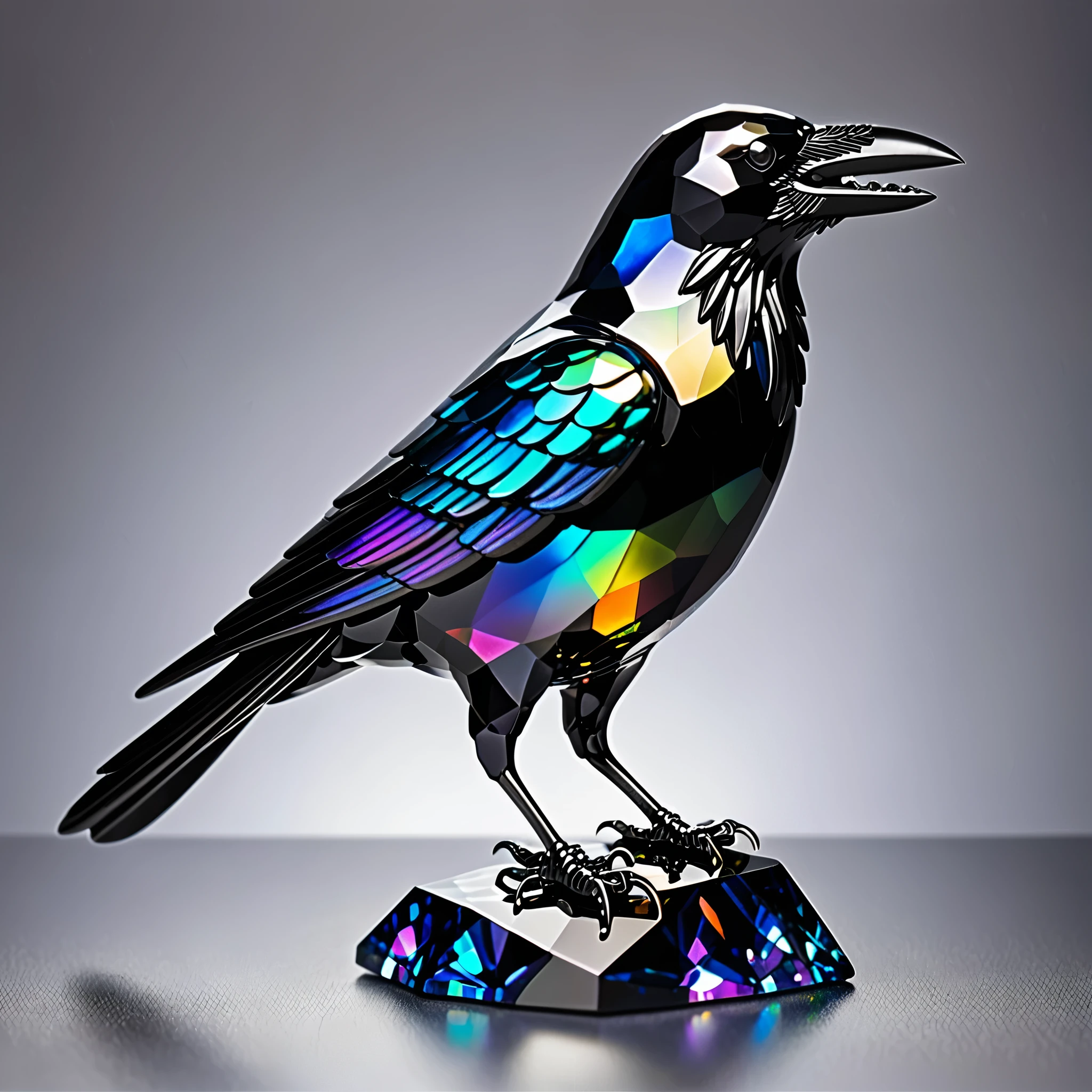 best quality, super fine, 16k, incredibly absurdres, extremely detailed, delicate, flashy and dynamic depiction, crow made of black translucent brilliant-cut gemstones that reflect iridescent rainbow light when illuminated, background simple color