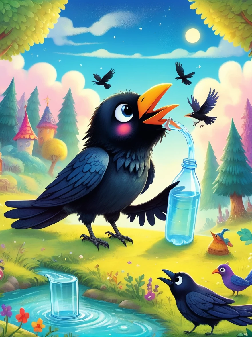 Show a scene from a children&#39;s book，In a fairytale setting，A cute crow trying to figure out how to drink water from a bottle，This scene is whimsical，Full of color and vibrant details，This is typical of children&#39;s stories.，The environment is characterized by unique trees，Featuring bright skies and magical elements，Bright colors，Can stimulate children&#39;s imagination，The crow has an exaggerated，cute features，Attractive to young readers，The background should capture the essence of an interesting and fascinating story