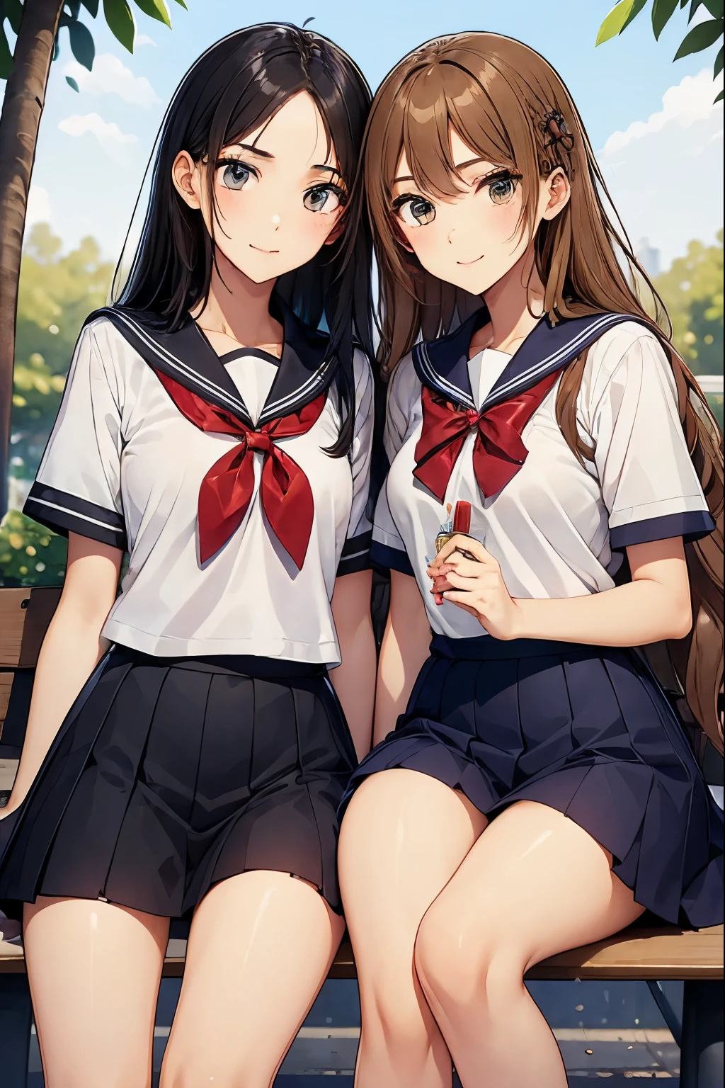 Two high school girls sitting on a park bench and licking soft serve ice cream、seductive smile、