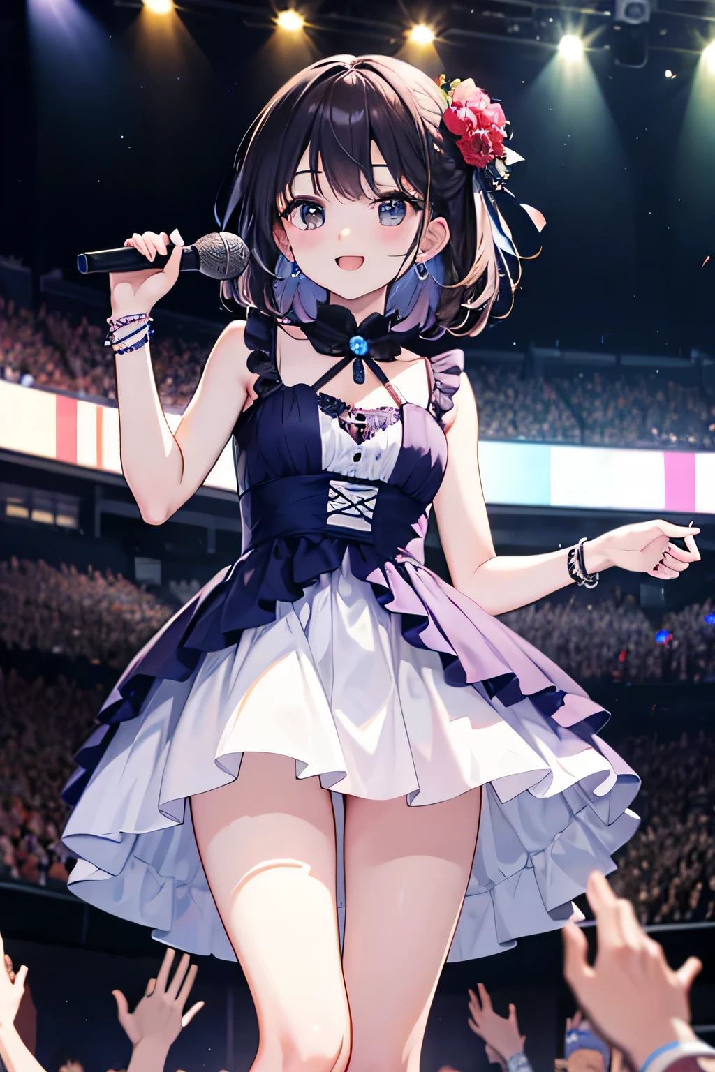 one woman,Idol,Live venue,Tokyo Dome,gondola,Dress-style costume,have a microphone,Half-twin with black hair,thin thighs,small breasts,delicate,slender,Absolute area,AKB48,Nogizaka46,sense of clarity,Lots of fans,Penlight,A big smile,