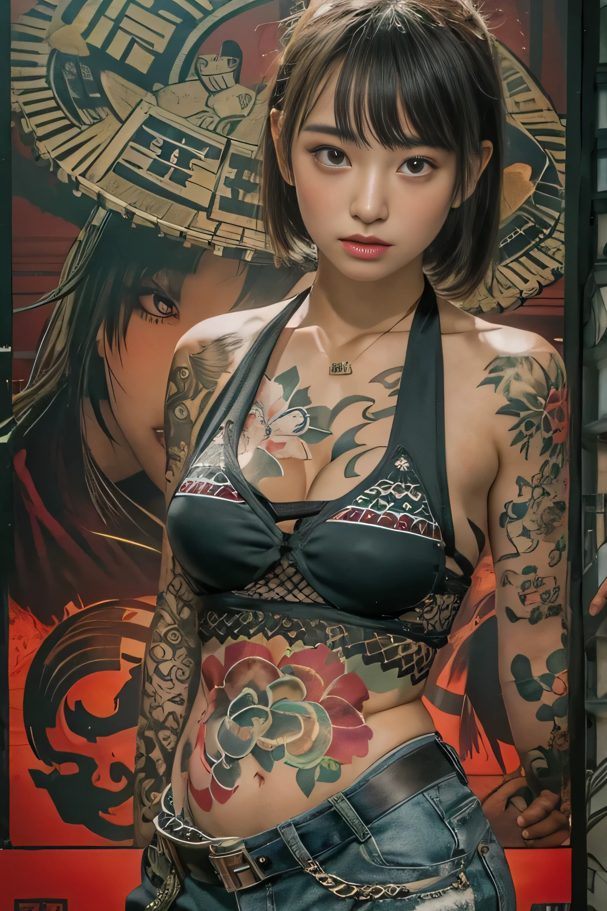 RAW image quality, Japanese, , embarrassed expression, Girl and Horihada, Yakuza, japanese mafia, Background of Tokyo Red Light District, realistic, Photoreal, masterpiece, highest quality, Movie photo of a Japan cartel gang with tattoos, spectacular lighting, japanese Yakuza tattoo, Japanese art, Japanese culture, sexy, exotic, erotic, black micro bikini, cleavage, biologically correct,