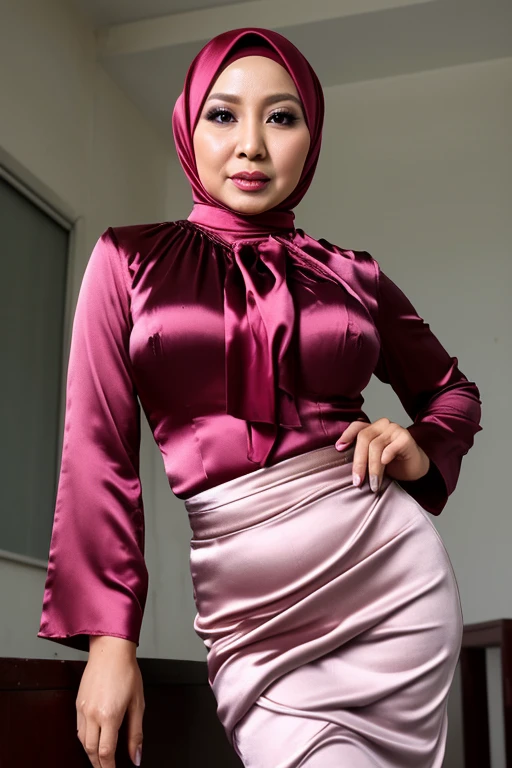 40 years old, Indonesian milf, hijab, satin blouse With a long tight satin skirt, big breasts, seductive face, full screen photo, high heels.