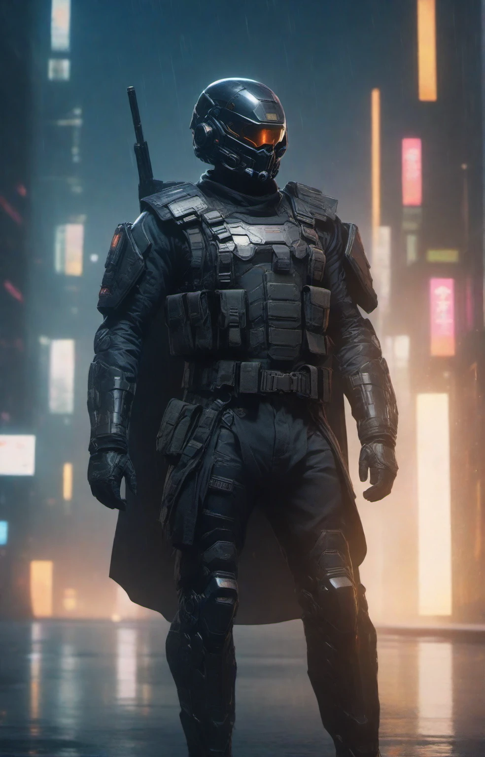 cinematic photo a man with a helmet with a tactical armour, Tactical vest with ammo pouches, A black cape behind him flowing in the wind, Thigh gun holster, Utility belt, side view, full body,cyberpunk background . 35mm photograph, film, bokeh, professional, 4k, highly detailed high-res, masterpiece, best quality, with a tactical armour, Tactical vest with ammo pouches, A black cape behind him flowing in the wind, Thigh gun holster,