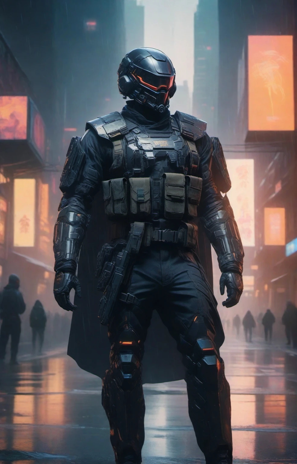 cinematic photo a man with a helmet with a tactical armour, Tactical vest with ammo pouches, A black cape behind him flowing in the wind, Thigh gun holster, Utility belt, side view, full body,cyberpunk background . 35mm photograph, film, bokeh, professional, 4k, highly detailed high-res, masterpiece, best quality, with a tactical armour, Tactical vest with ammo pouches, A black cape behind him flowing in the wind, Thigh gun holster,