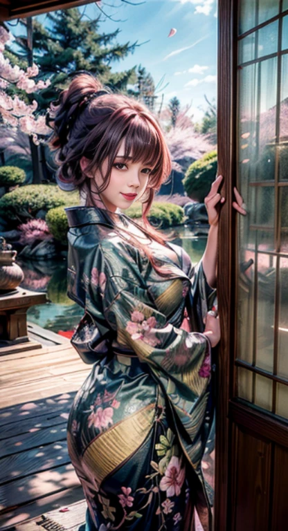 ((best quality)), ((masterpiece)), ((actual)), Beautiful flawless girl standing in a tranquil Japanese garden，Cherry blossoms at eye level, breath-taking scenery, masterpiece, (high resolution), The original, extremely detailed 8K , (photoactual:1.4),flawless face, perfect eyes,Symmetrical body shape,Smile, 