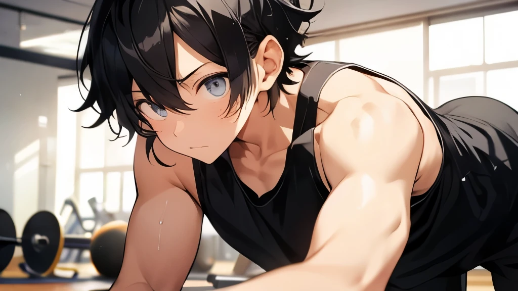 solid、male、18 year old high school student、Hair is black、Eyes are black、Are fat、、training gym、training gymでトレーニングしている、sweating