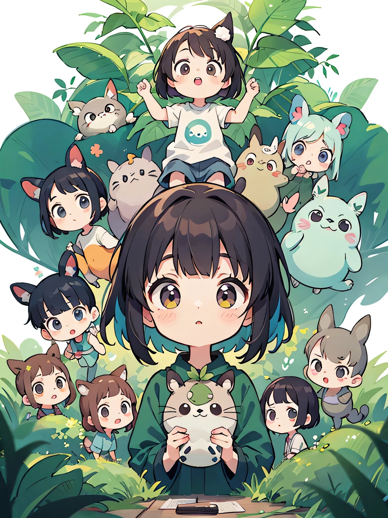 My Neighbor Totoro Style, Kawaii Design, (((10 people)))、most beautiful girl ever、Chibi, Colorful bob hair、((Lots of friends))、Totoro Forest