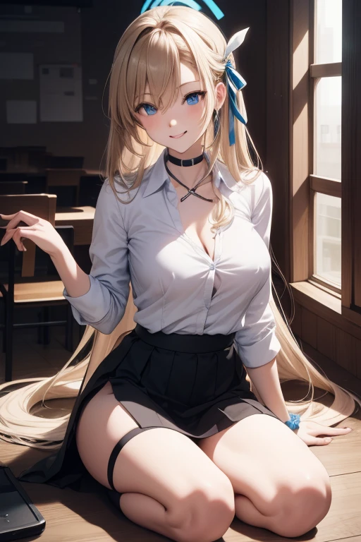 Asuna Ichinose, Asuna Ichinose, blonde hair, blue eyes, hair ribbon, hair ornaments, hair above one eye, Hello, long hair, mole, mole on breast, large breasts, mechanical Hello,
break bow, choker, clavicle, tight hips, dress shirt, hair Scrunchie, miniskirt, , Scrunchie, shirt, skirt, looking at viewer, smiling, sitting on the floor, bare legs,
break classroom, full body,
break (masterpiece:1.2), highest quality, High resolution, unity 8k wallpaper, (figure:0.8), (beautiful and fine eyes:1.6), highly detailed face, perfect lighting, Very detailed CG, (perfect hands, perfect anatomy),