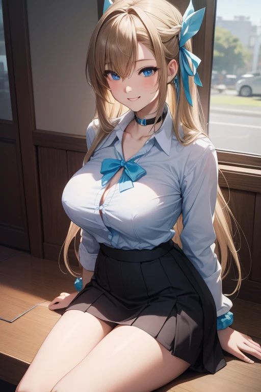 Asuna Ichinose, Asuna Ichinose, blonde hair, blue eyes, hair ribbon, hair ornaments, hair above one eye, Hello, long hair, mole, mole on breast, large breasts, mechanical Hello,
break bow, choker, clavicle, tight hips, dress shirt, hair Scrunchie, miniskirt, , Scrunchie, shirt, skirt, looking at viewer, smiling, sitting on the floor, bare legs,
break classroom, full body,
break (masterpiece:1.2), highest quality, High resolution, unity 8k wallpaper, (figure:0.8), (beautiful and fine eyes:1.6), highly detailed face, perfect lighting, Very detailed CG, (perfect hands, perfect anatomy),